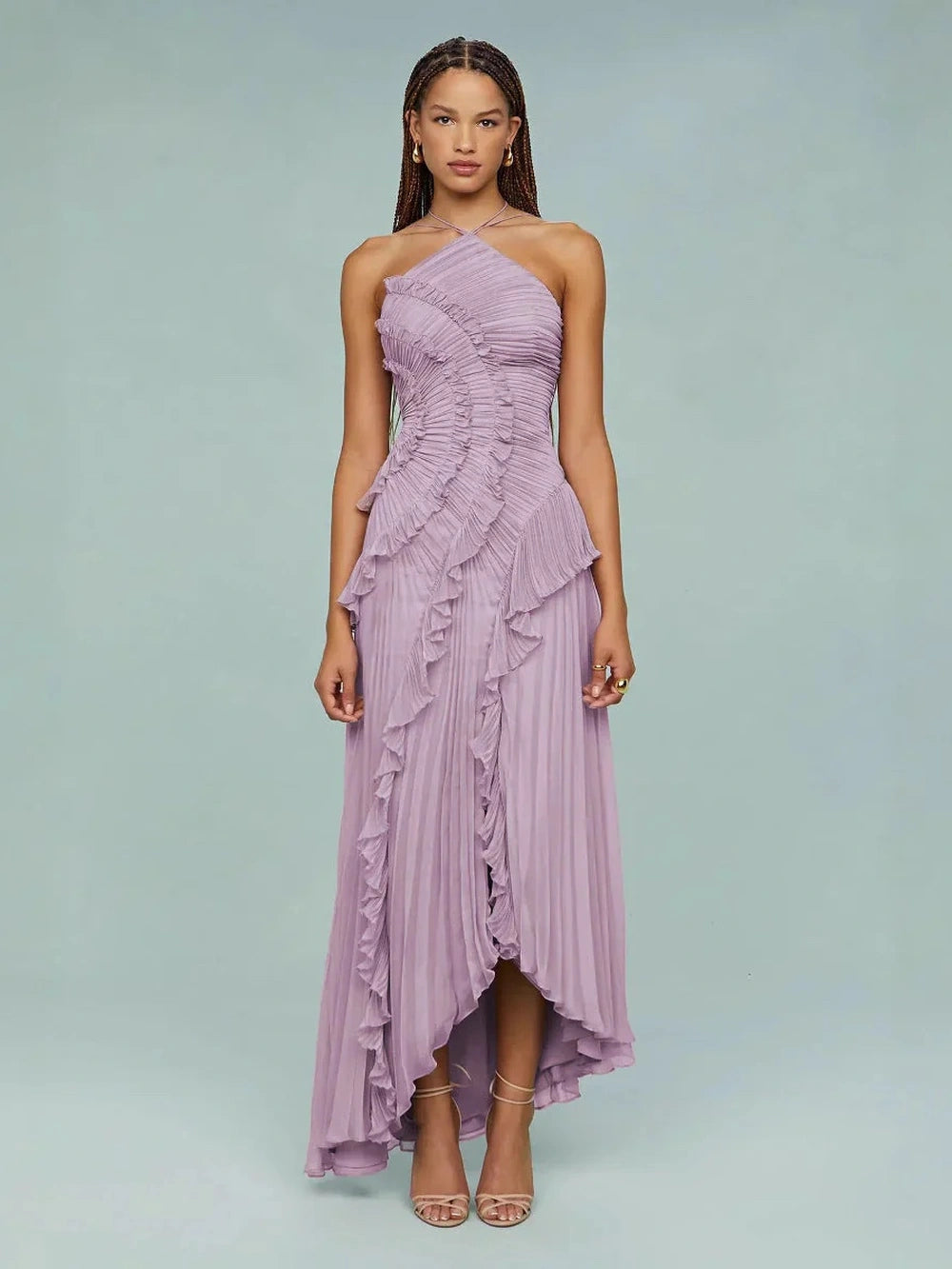 Women's Maxi Dress Pleated Ruffle Halter Neck