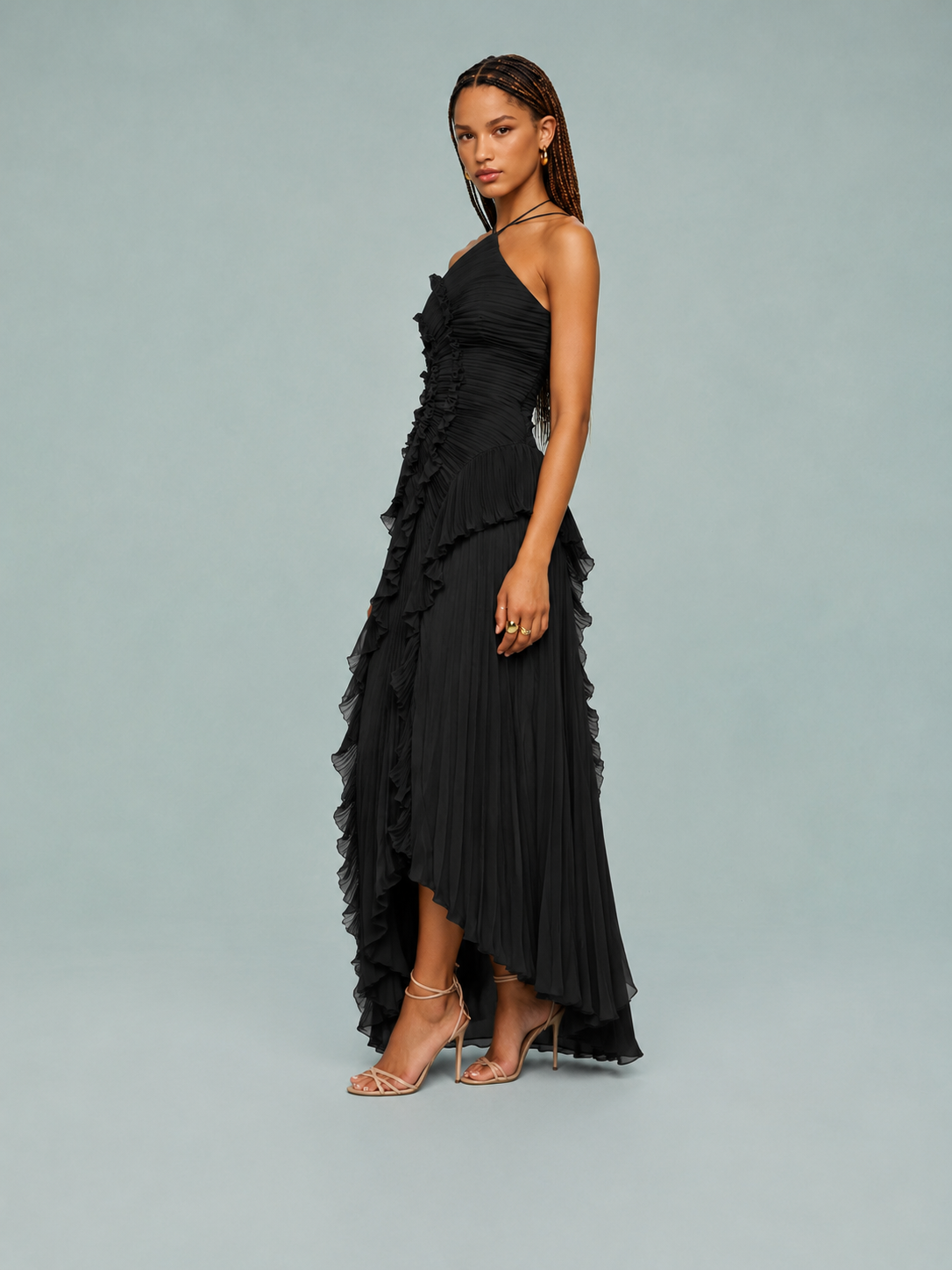 Women's Maxi Dress Pleated Ruffle Halter Neck