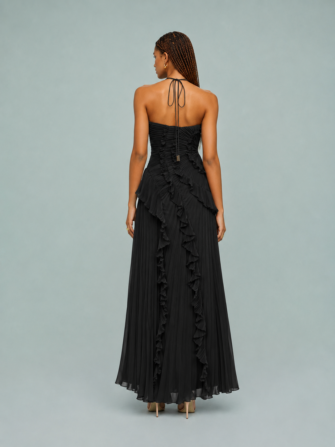 Women's Maxi Dress Pleated Ruffle Halter Neck