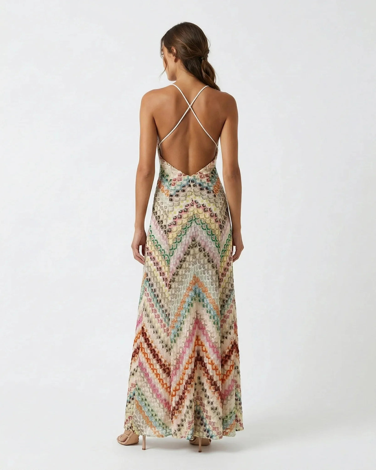 Women's multicoloured chevron knit maxi dress with V-neck and spaghetti straps