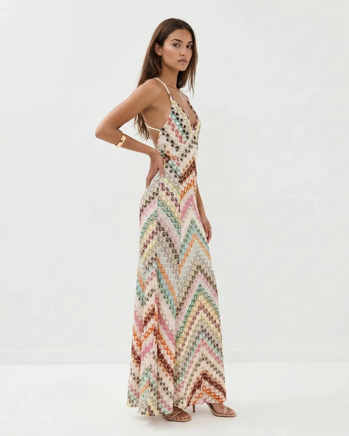 Women's multicoloured chevron knit maxi dress with V-neck and spaghetti straps