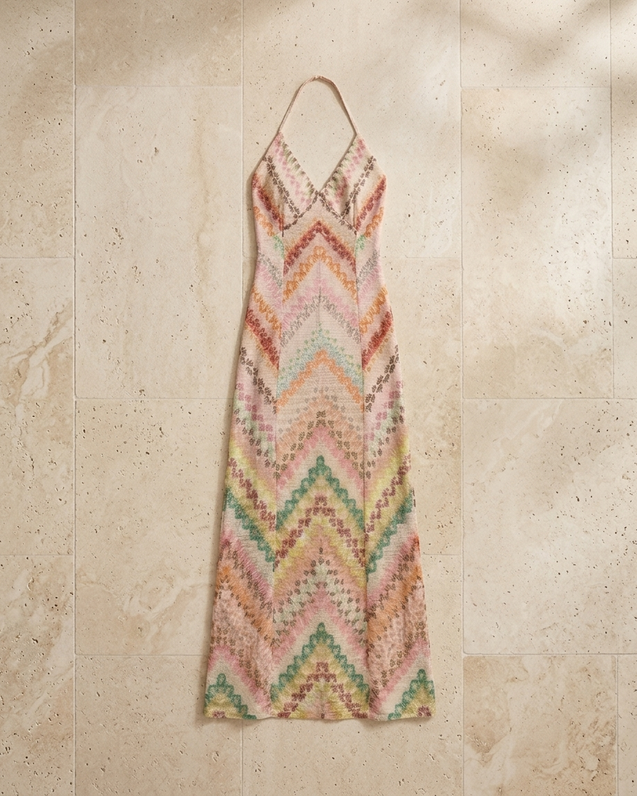 Women's multicoloured chevron knit maxi dress with V-neck and spaghetti straps