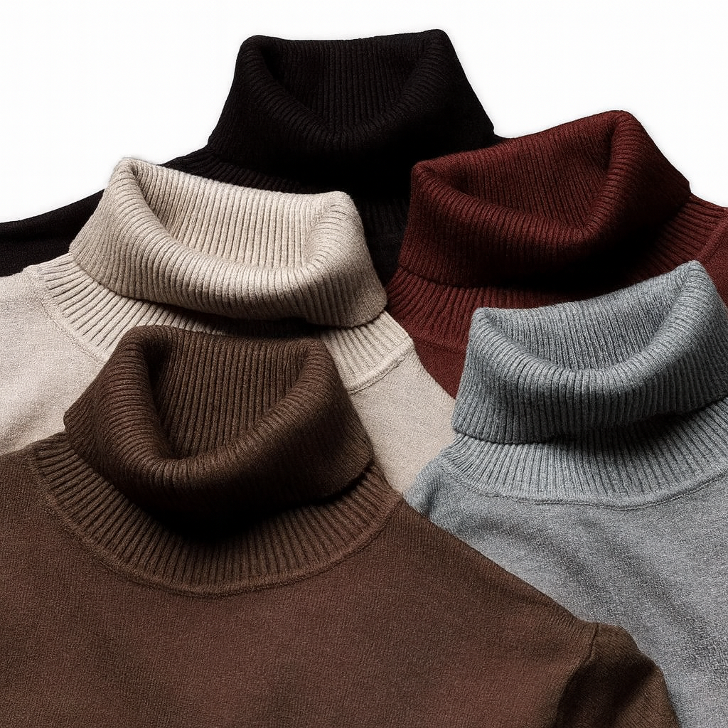 Men's plain long-sleeve turtleneck sweater with ribbed collar, cuffs and hem