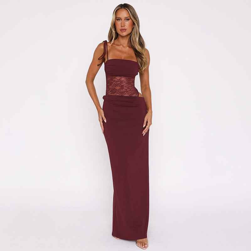 Women’s Lace Corset Maxi Dress | Tie Strap Bodycon Evening Gown