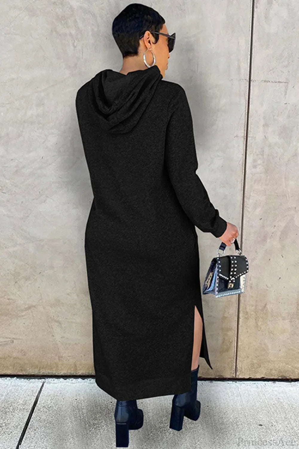 Women's long-sleeved hooded midi dress with side slits