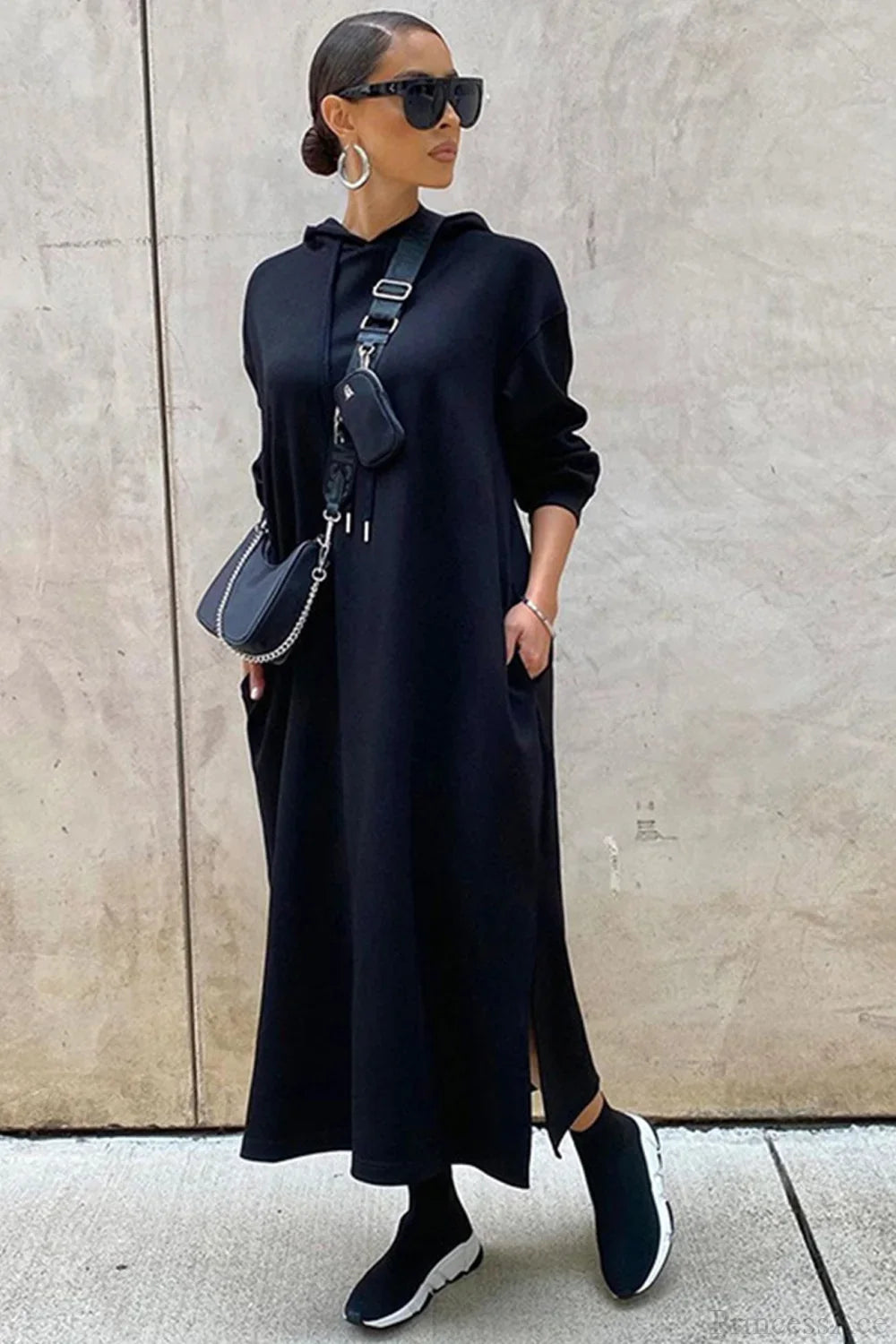 Women's long-sleeved hooded midi dress with side slits
