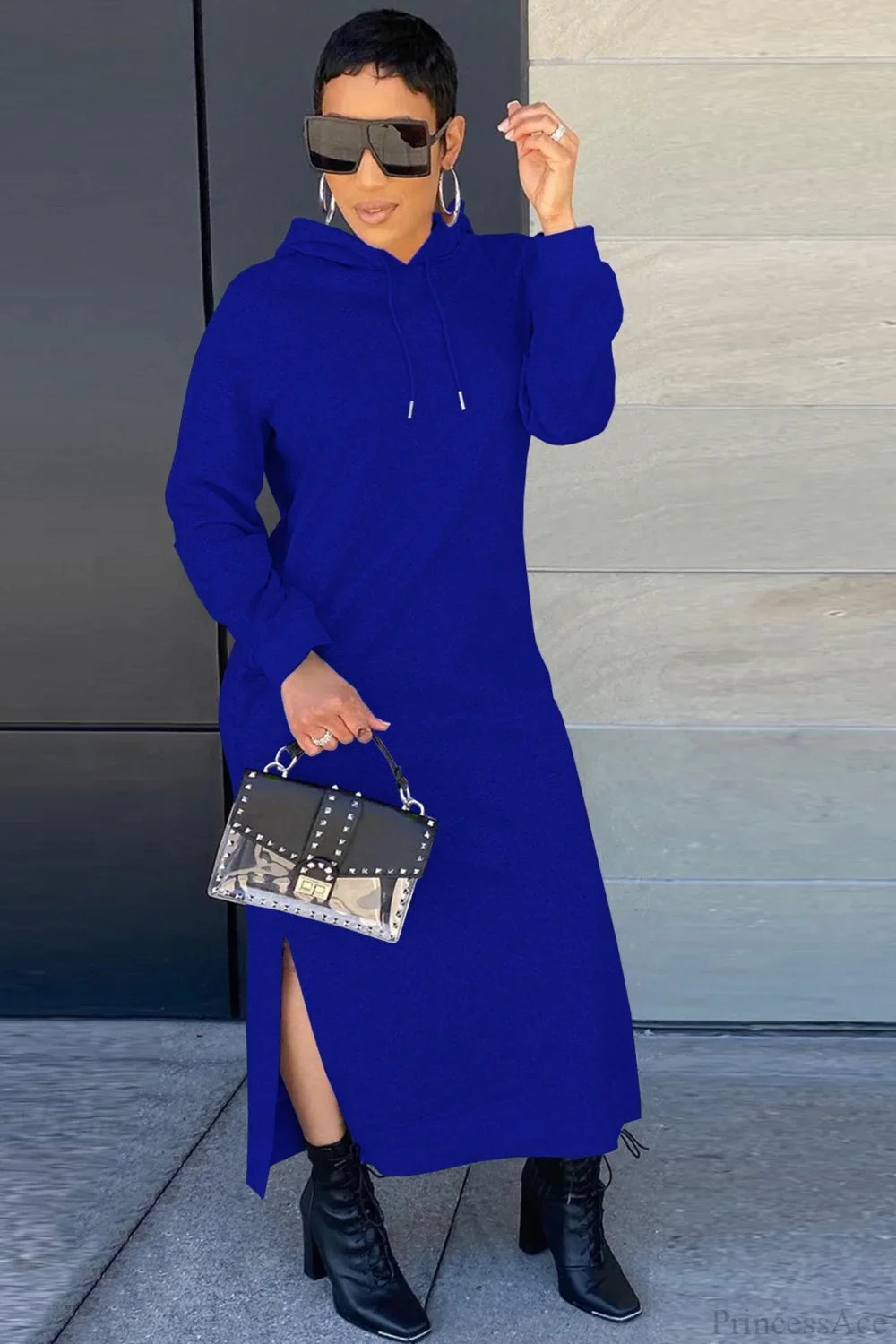 Women's long-sleeved hooded midi dress with side slits