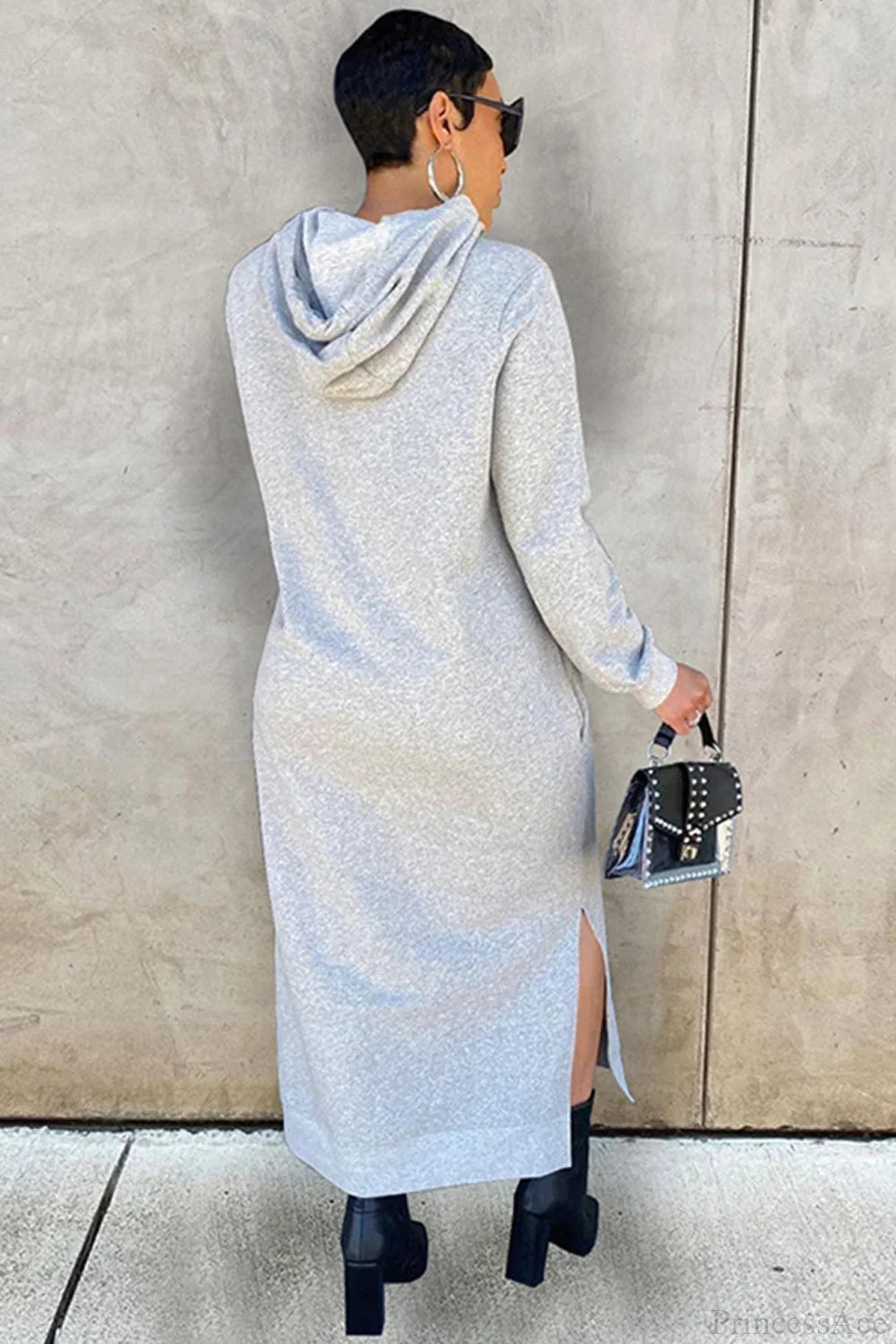 Women's long-sleeved hooded midi dress with side slits