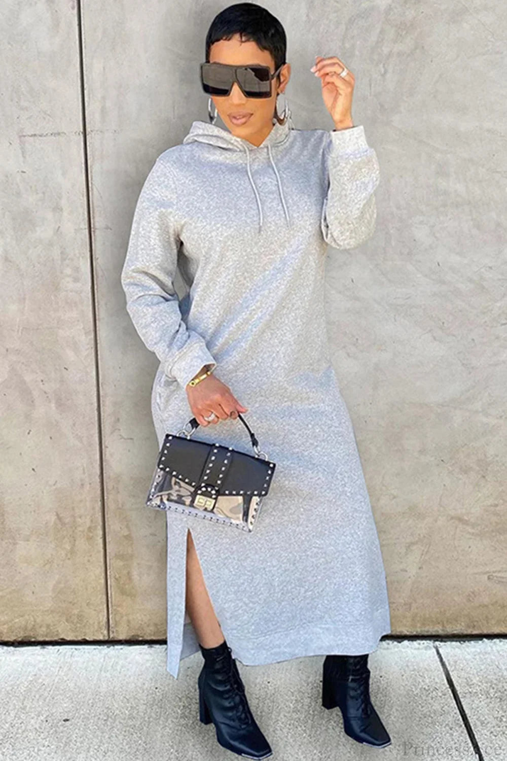 Women's long-sleeved hooded midi dress with side slits