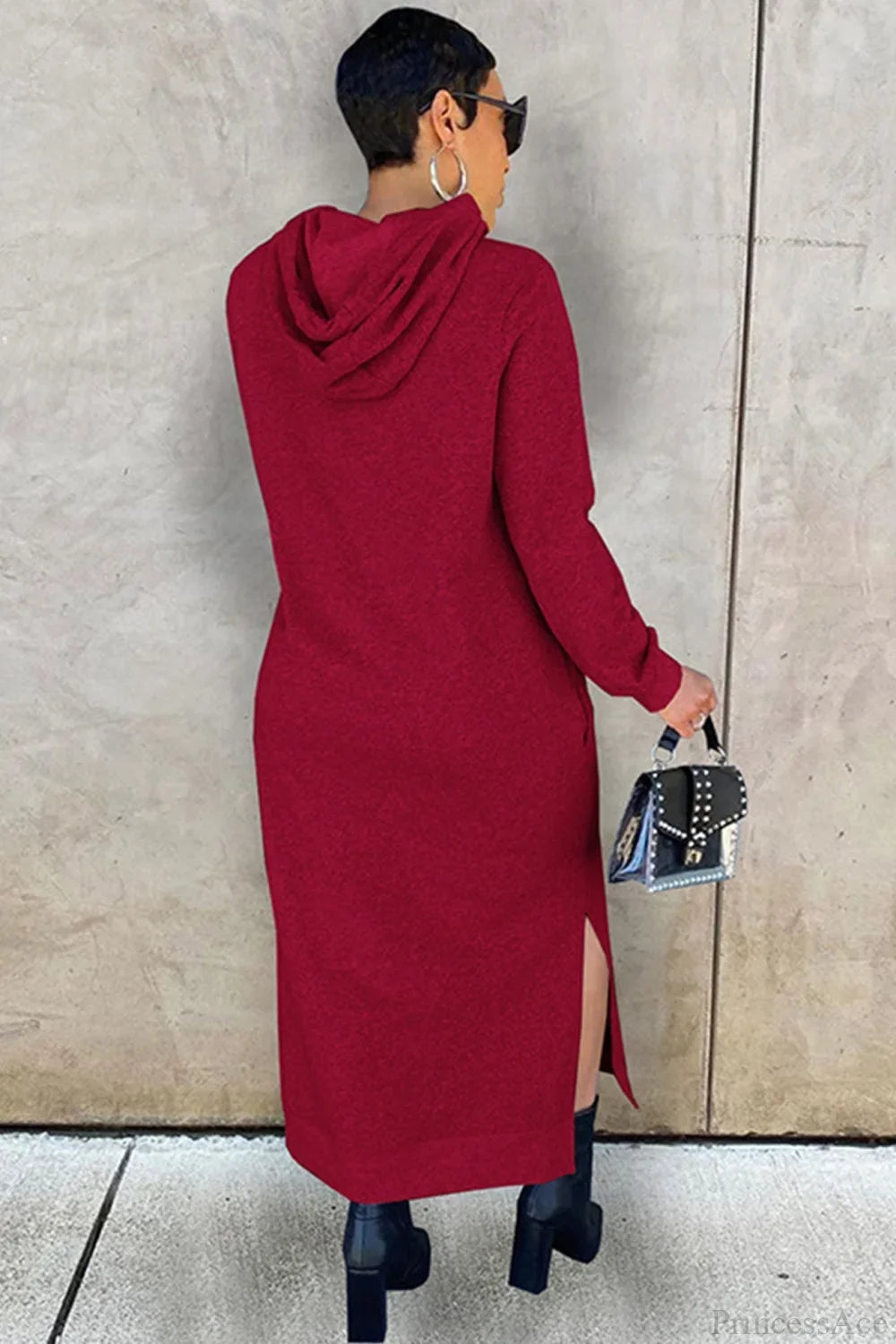 Women's long-sleeved hooded midi dress with side slits