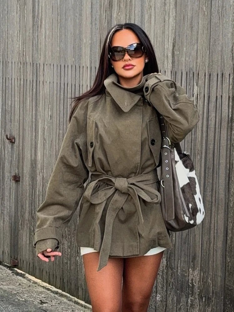 Women's brown high-neck coat with button front, tie belt and long sleeves