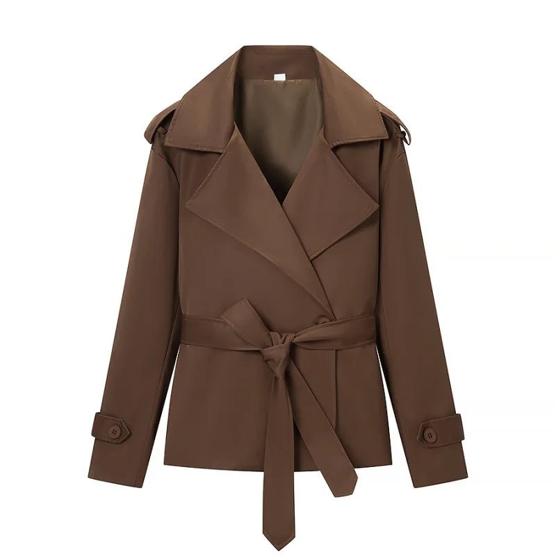 Women's brown cropped trench coat with lapels, tie belt and long sleeves