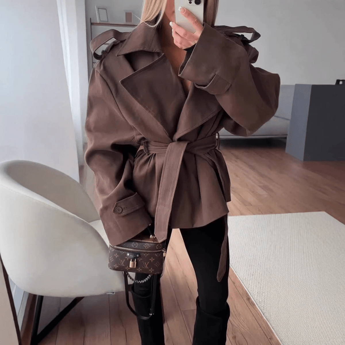 Women's cropped wrap trench coat with tie belt, lapels and long sleeves