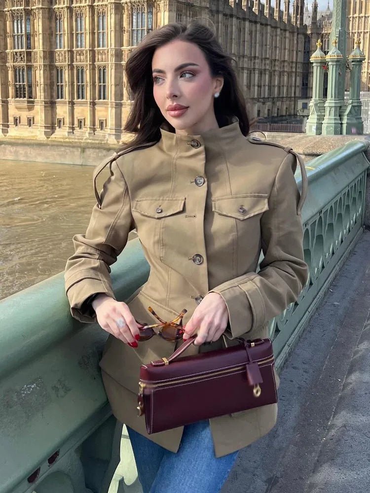 Women's beige fitted utility jacket with high neck, long sleeves and flap pockets