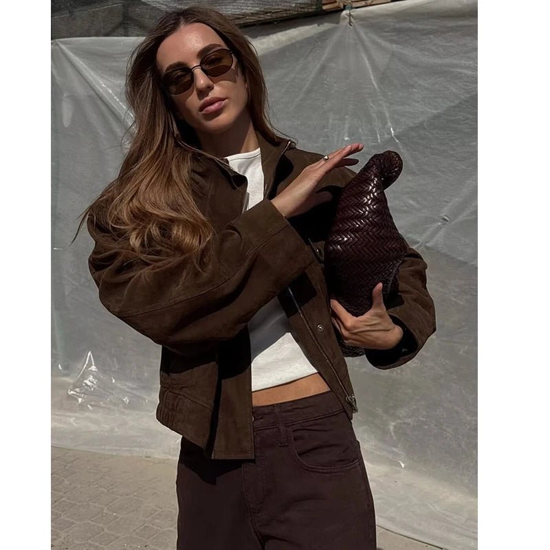 Women's brown cropped jacket with stand collar, button front and flap pockets