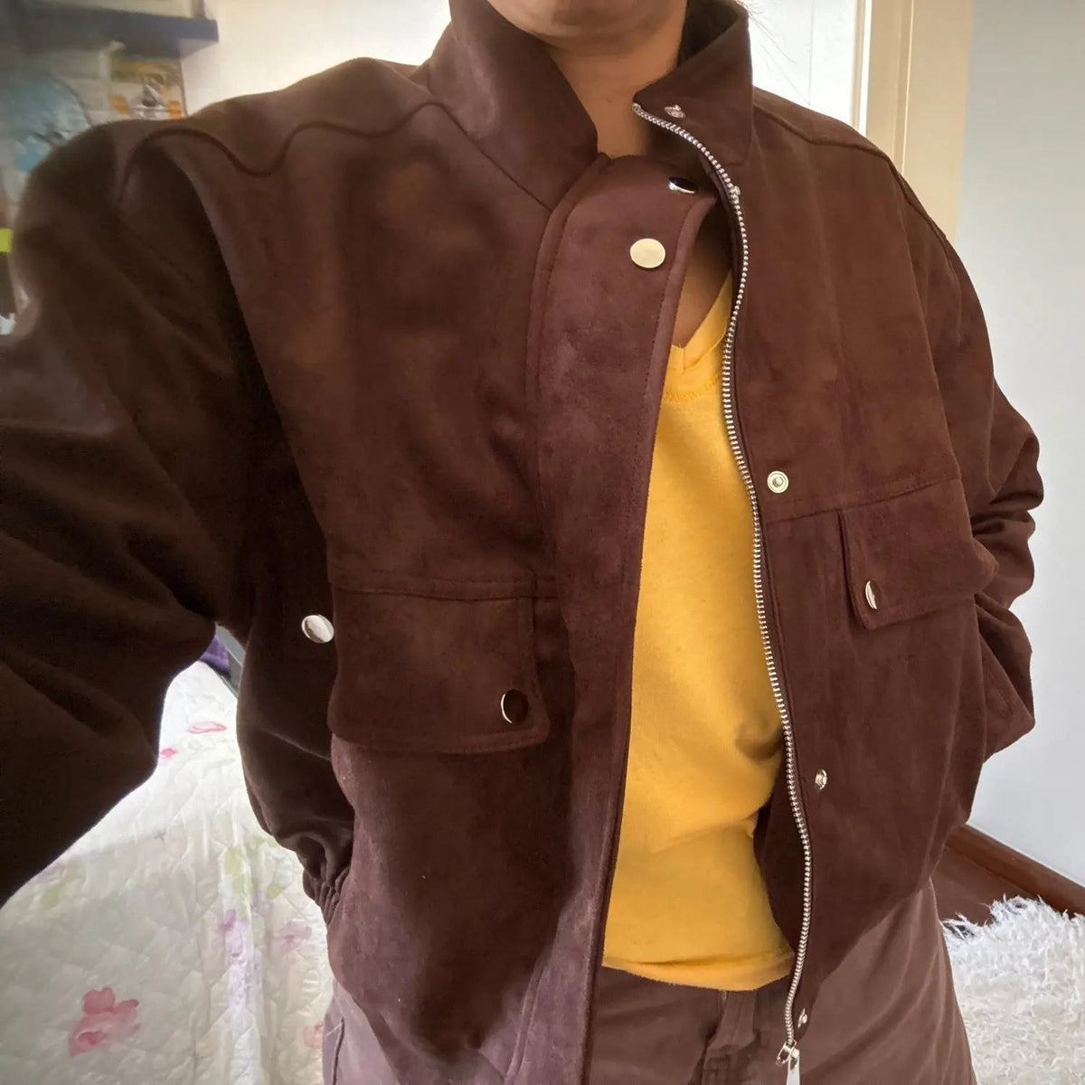 Women's brown cropped jacket with stand collar, button front and flap pockets