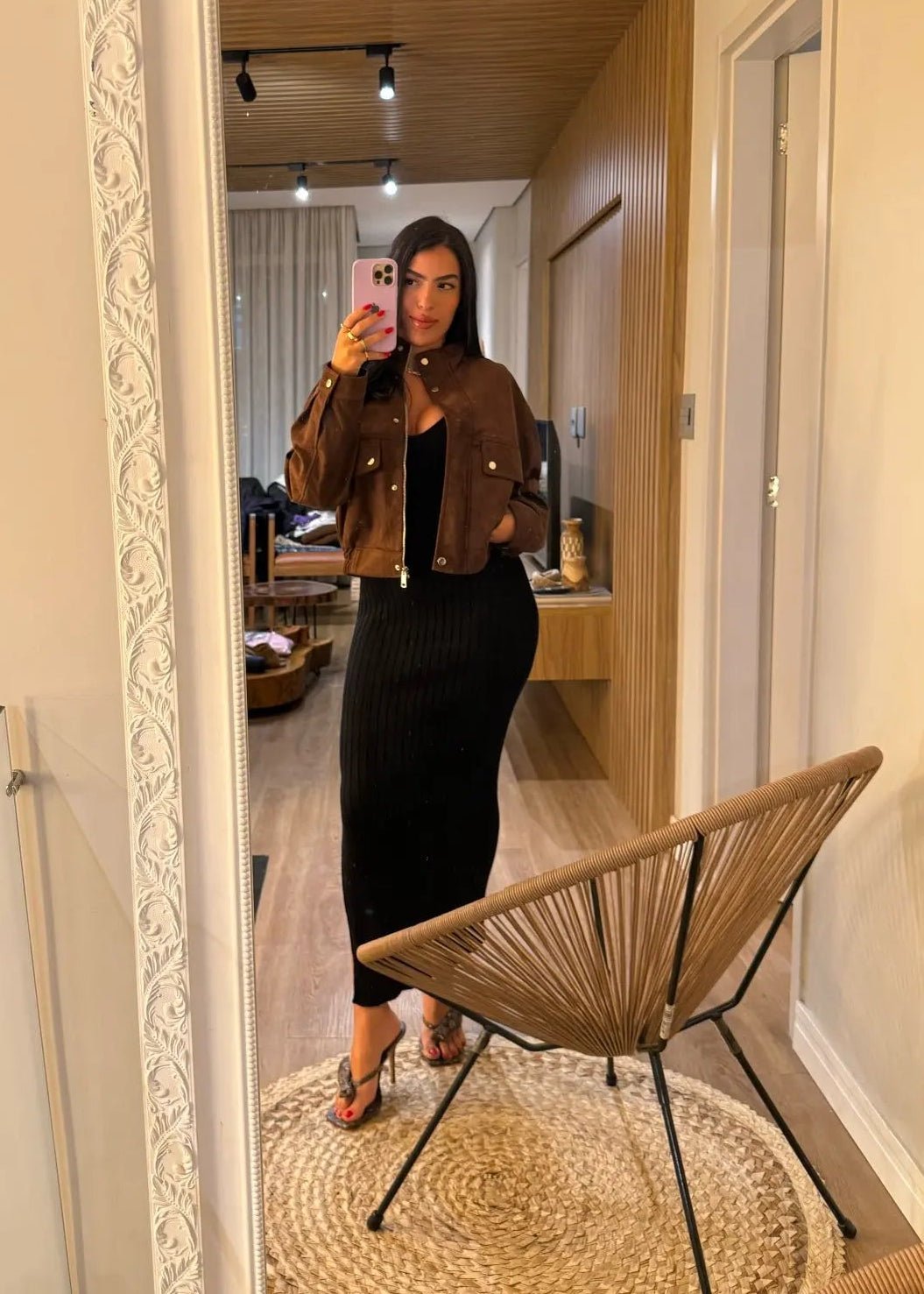 Women's brown cropped jacket with stand collar, button front and flap pockets