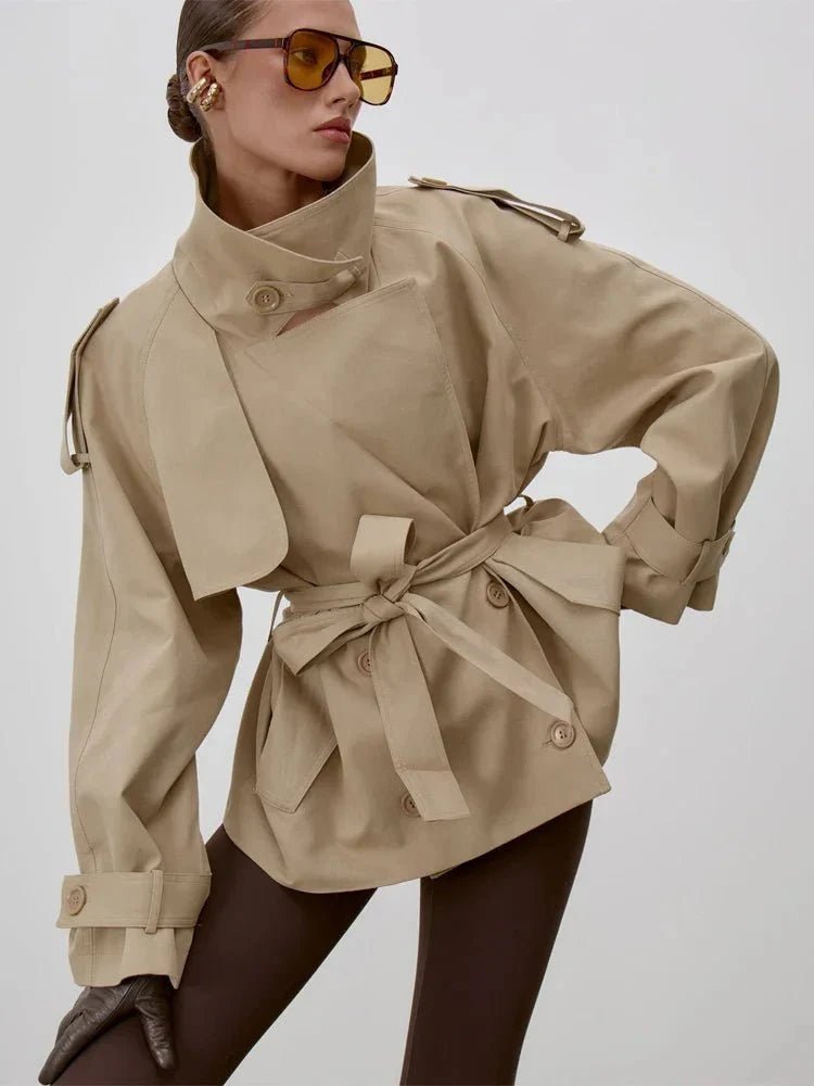 Women's belted short trench coat with stand collar and long sleeves