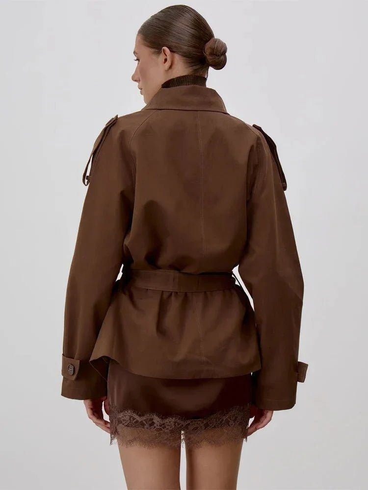 Women's belted short trench coat with stand collar and long sleeves
