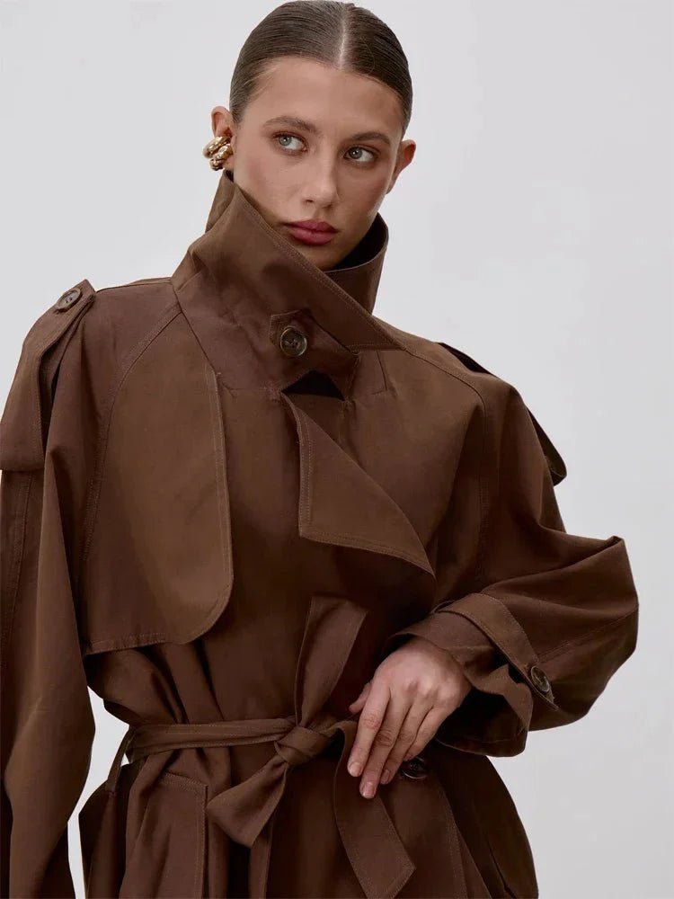 Women's belted short trench coat with stand collar and long sleeves