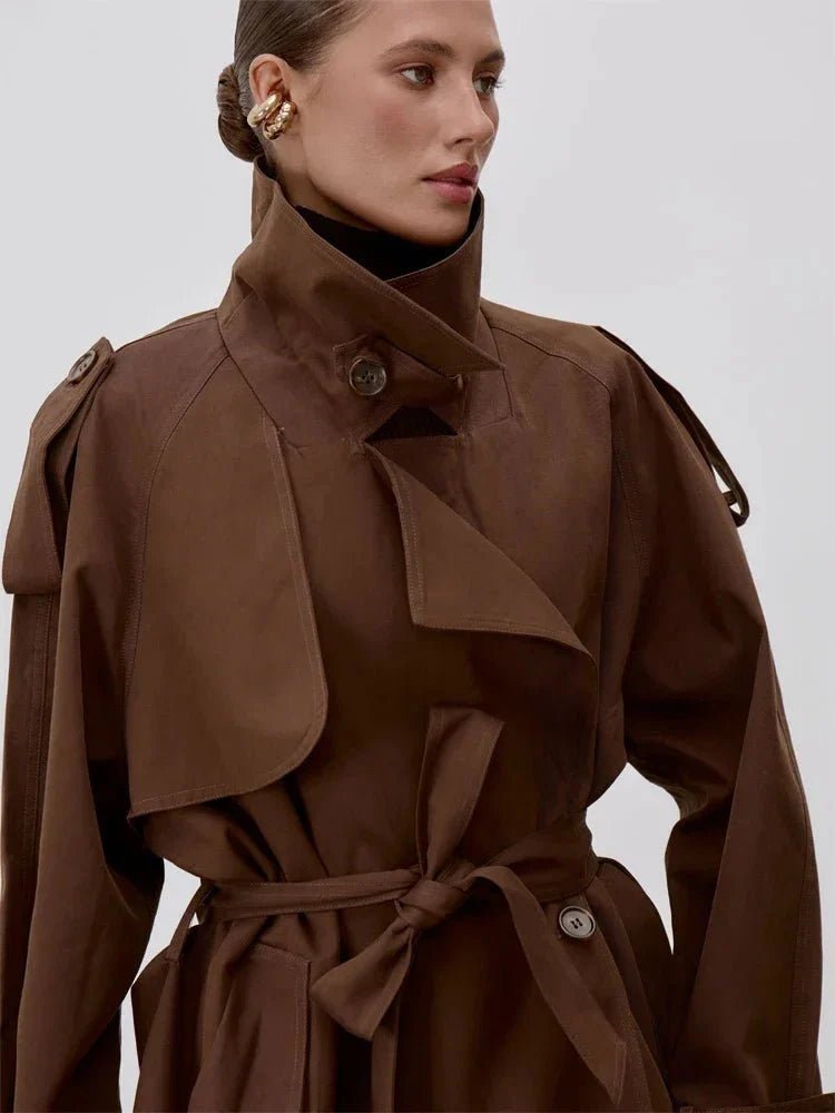 Women's belted short trench coat with stand collar and long sleeves