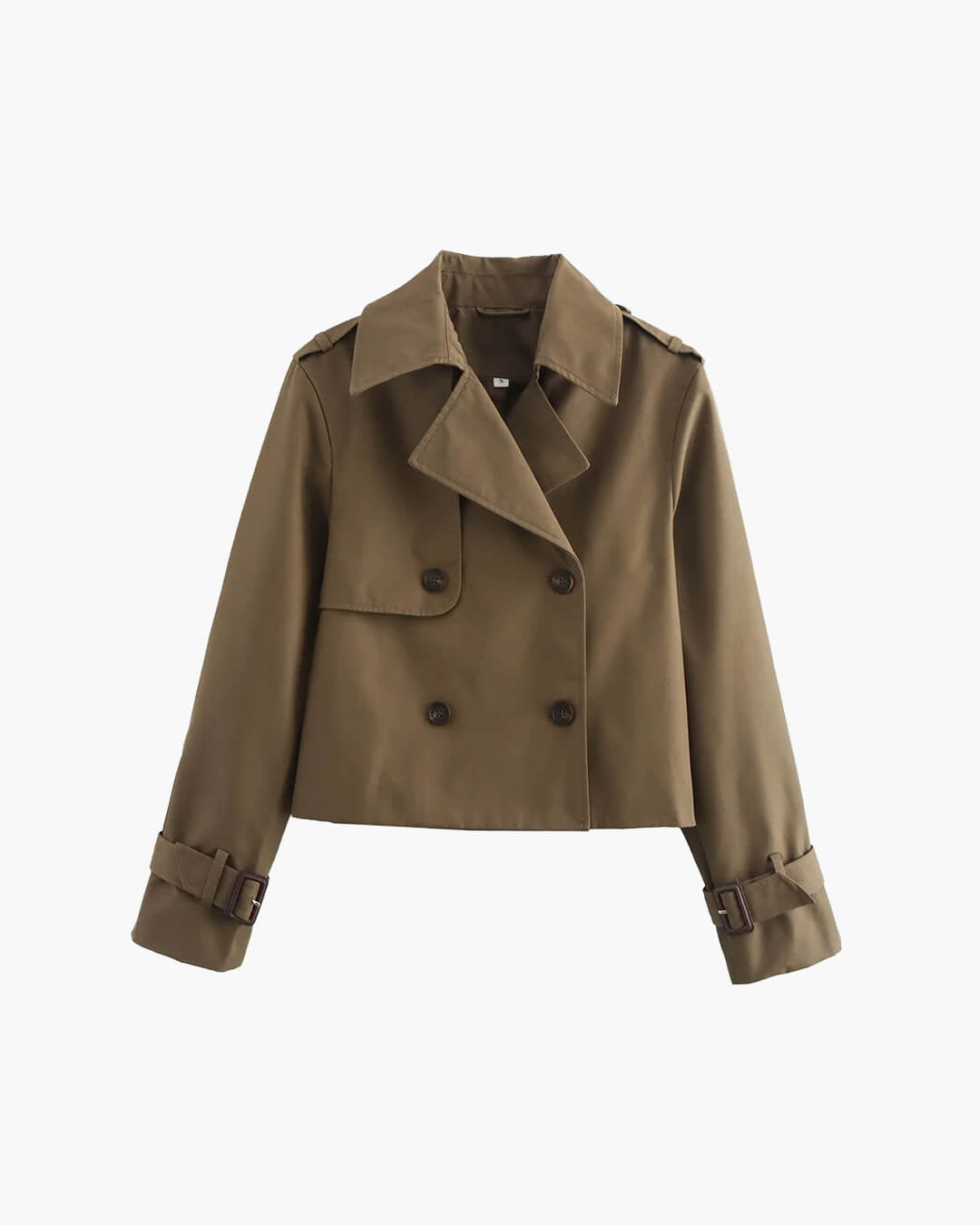 Women's cropped double-breasted trench coat with notched lapels and long sleeves