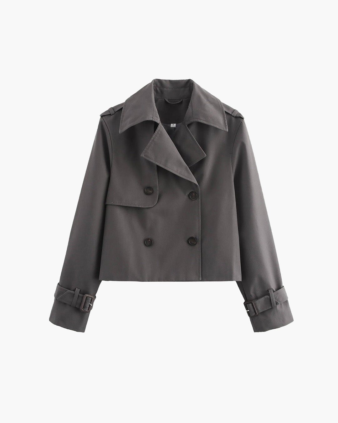 Women's cropped double-breasted trench coat with notched lapels and long sleeves