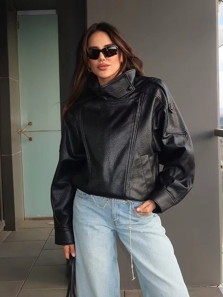 Women's asymmetric black biker jacket with high collar and diagonal zip