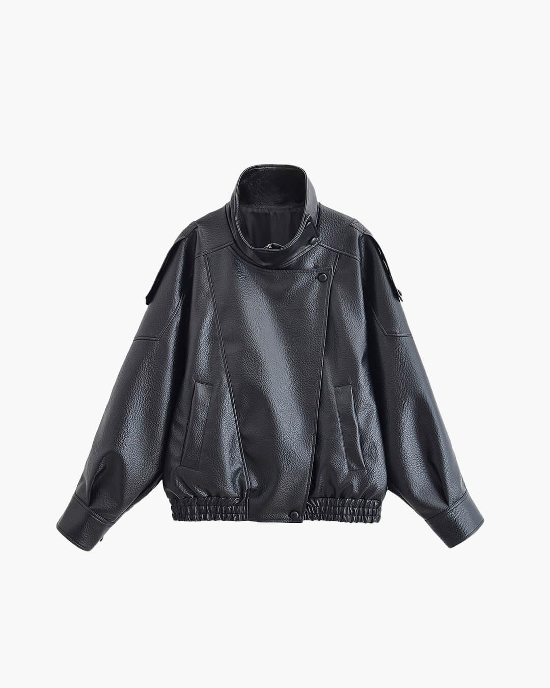 Women's asymmetric black biker jacket with high collar and diagonal zip