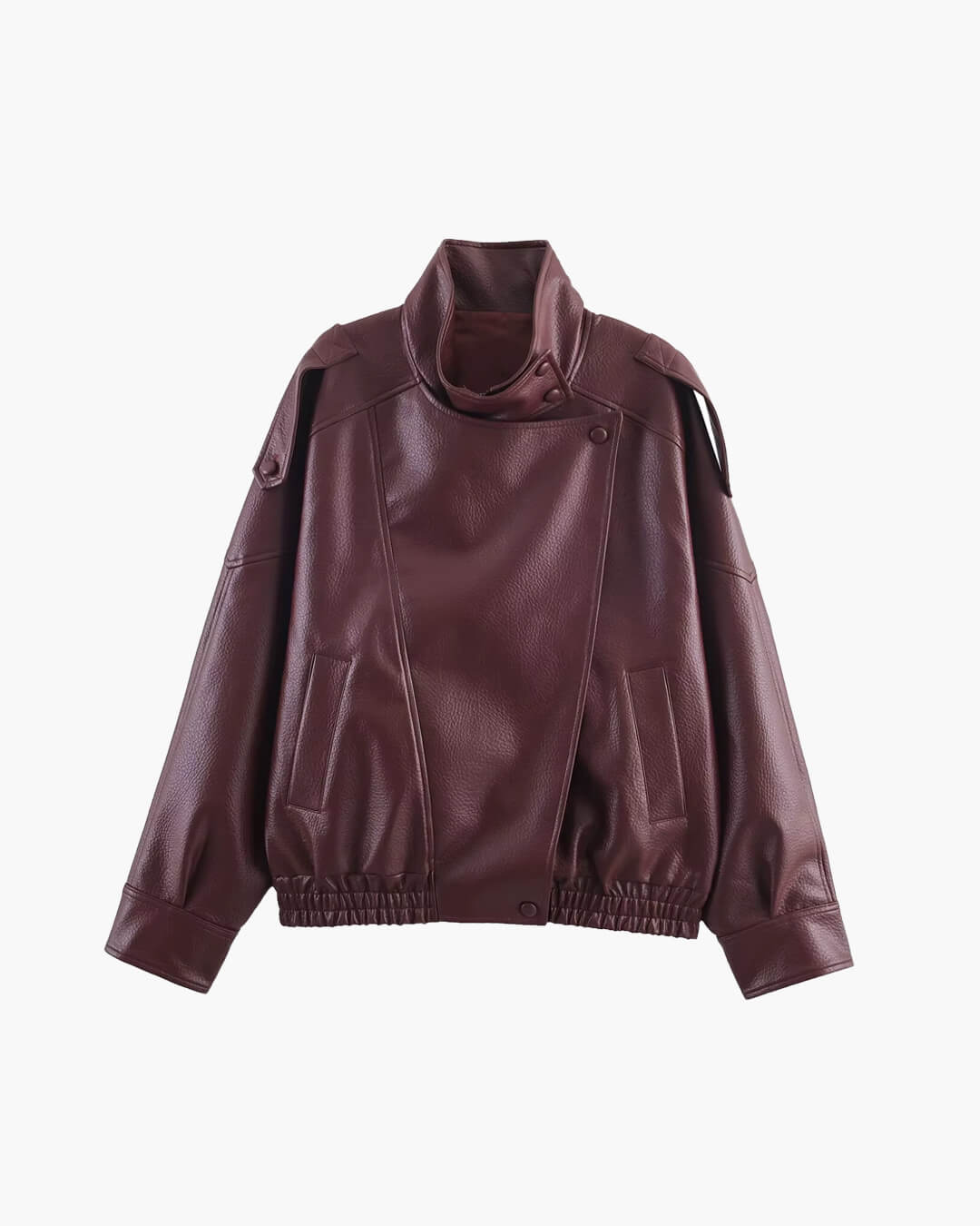 Women's asymmetric black biker jacket with high collar and diagonal zip