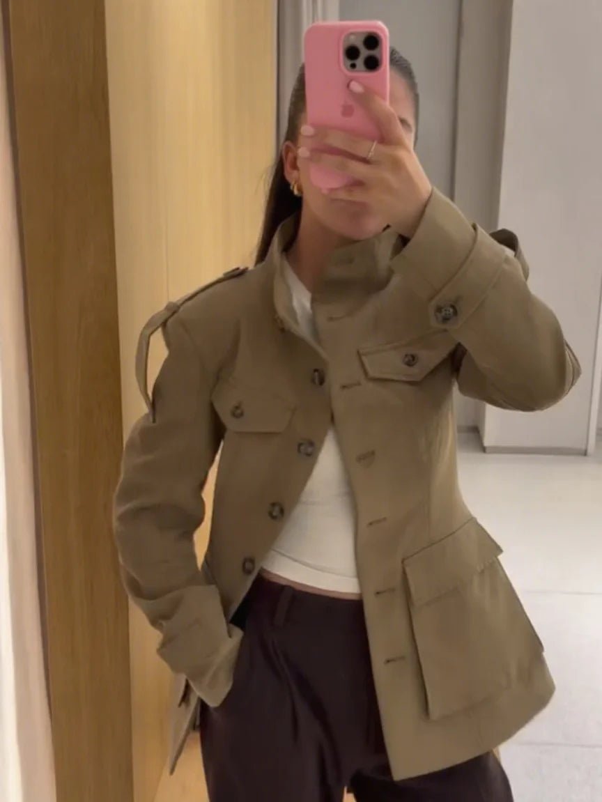 Women's beige slim fit trench coat with Mandarin collar, long sleeves and flap pockets