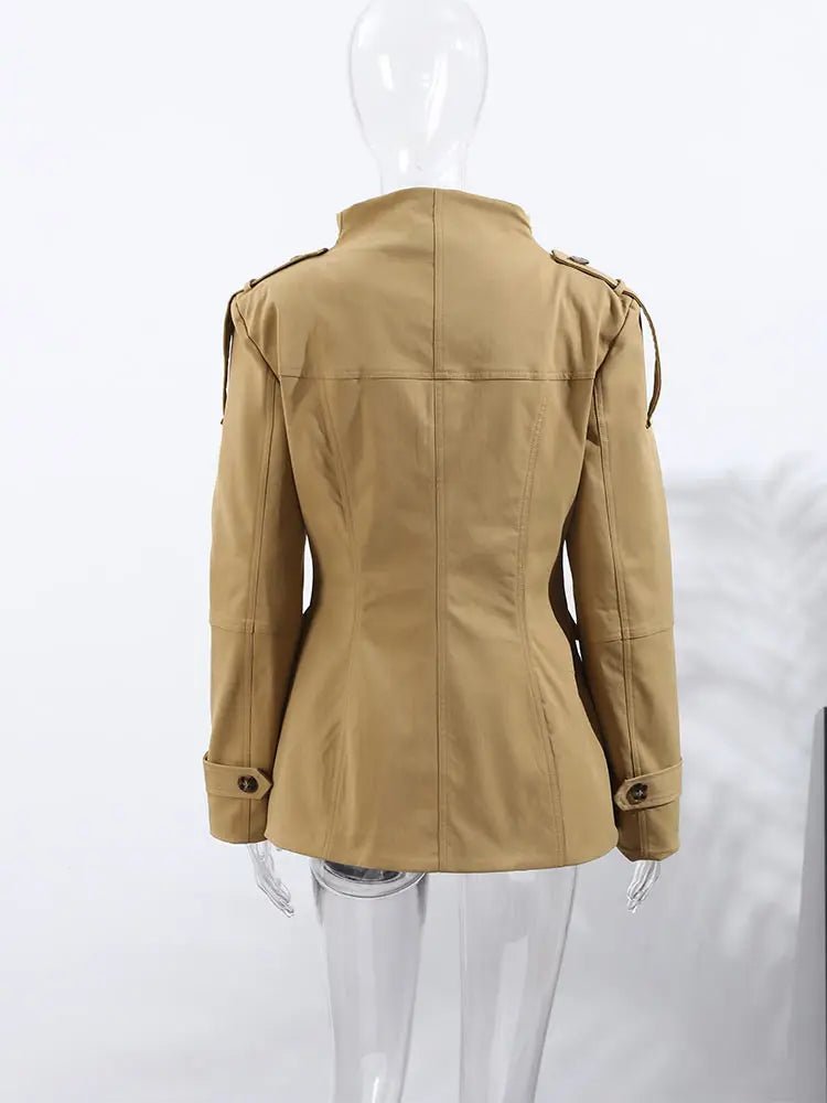 Women's beige slim fit trench coat with Mandarin collar, long sleeves and flap pockets
