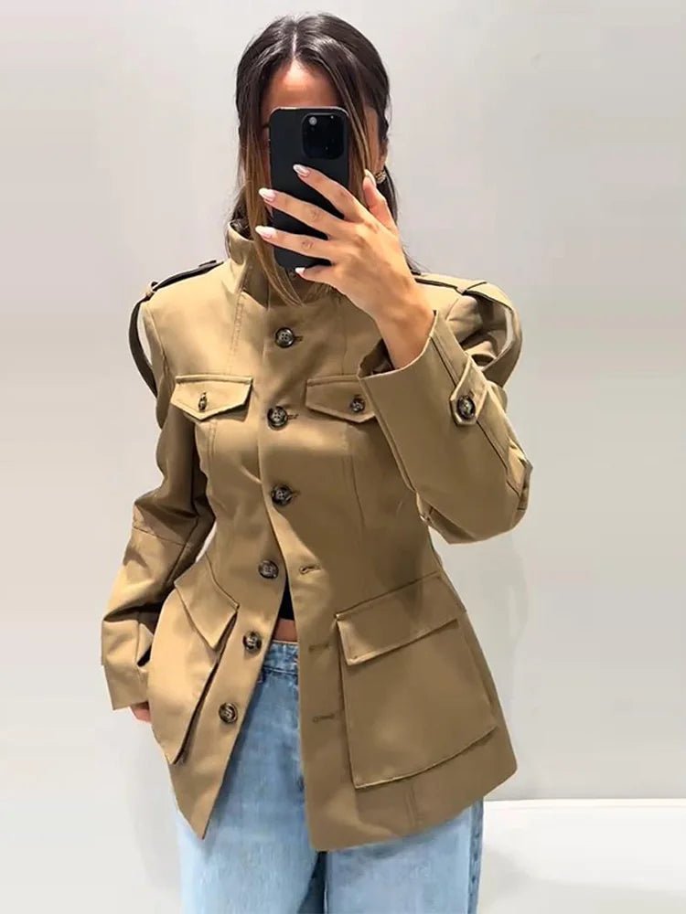 Women's beige slim fit trench coat with Mandarin collar, long sleeves and flap pockets