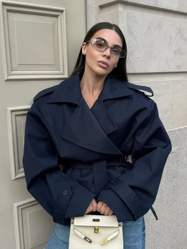 Women's cropped wrap trench coat with tie belt, lapels and long sleeves
