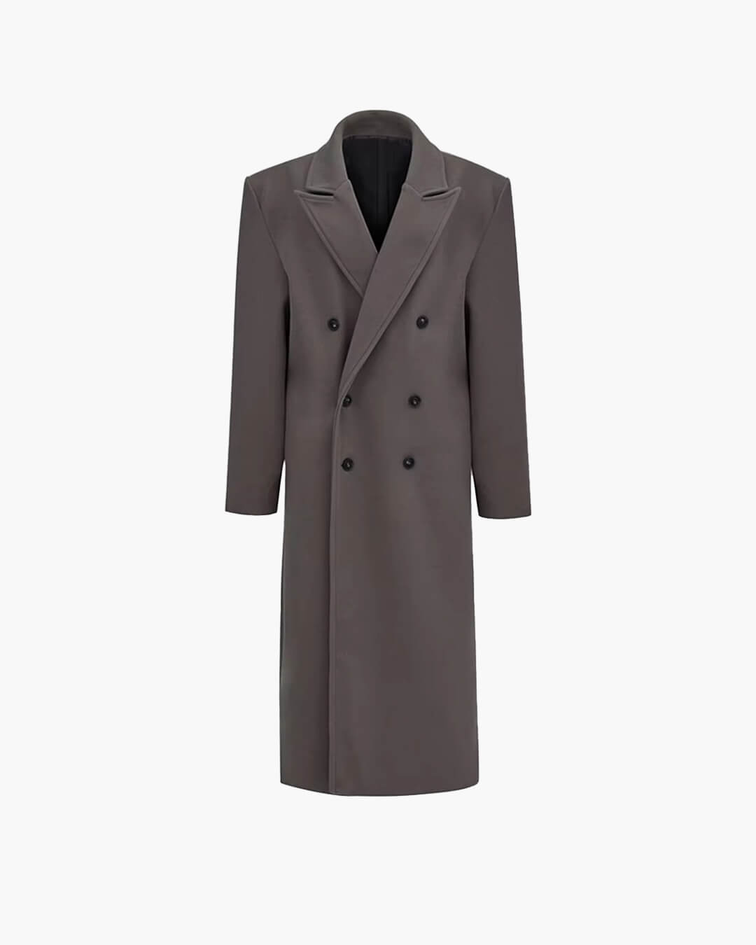 Women's long brown double-breasted coat with notched lapels and long sleeves