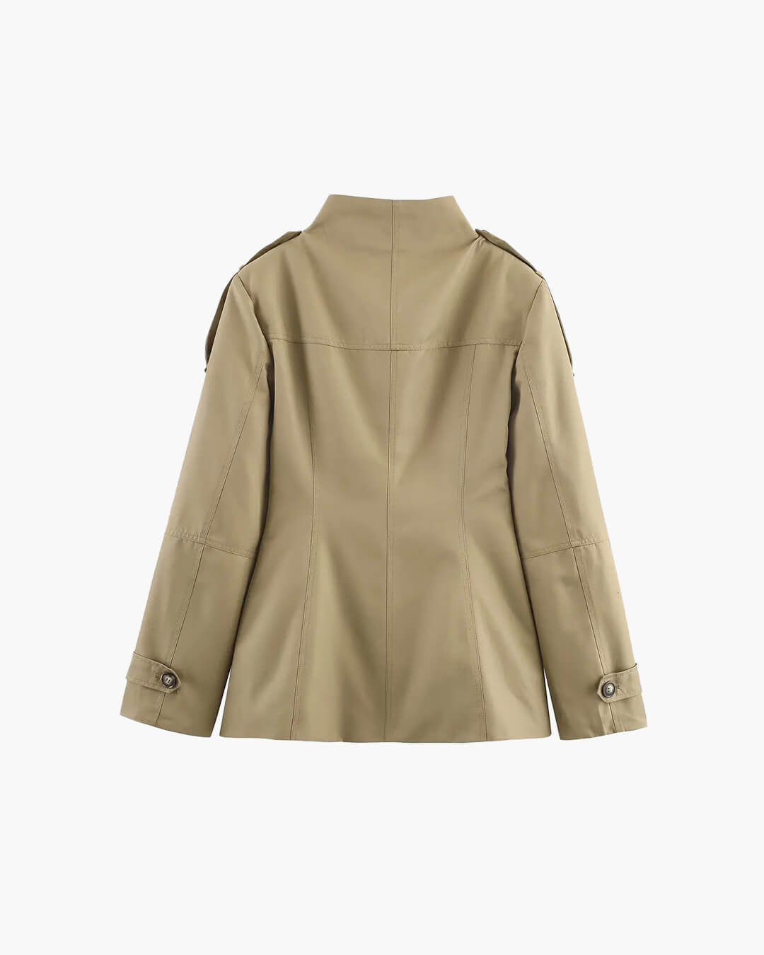 Women's beige fitted utility jacket with high neck, long sleeves and flap pockets