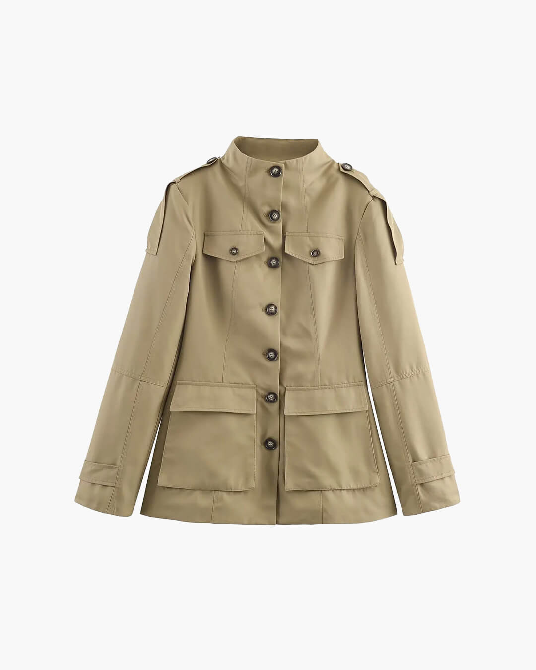Women's beige fitted utility jacket with high neck, long sleeves and flap pockets