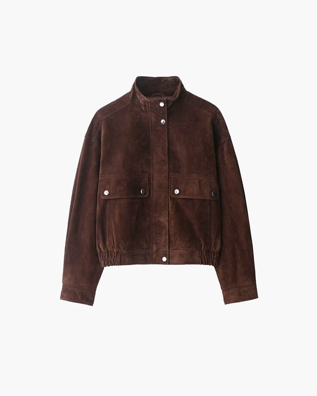 Women's brown cropped jacket with stand collar, button front and flap pockets