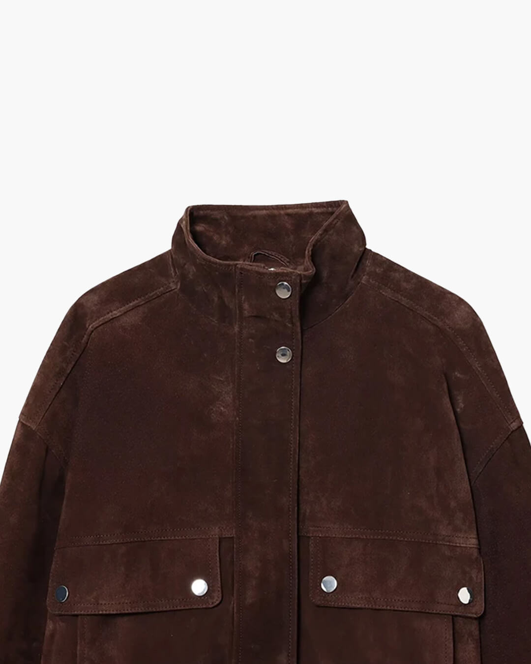 Women's brown cropped jacket with stand collar, button front and flap pockets