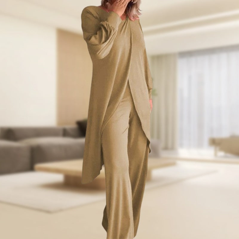 Women's two-piece lounge set with long-sleeve layered top and wide-leg trousers