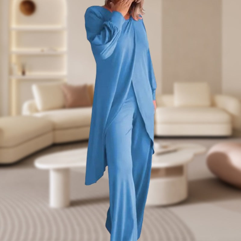 Women's two-piece lounge set with long-sleeve layered top and wide-leg trousers