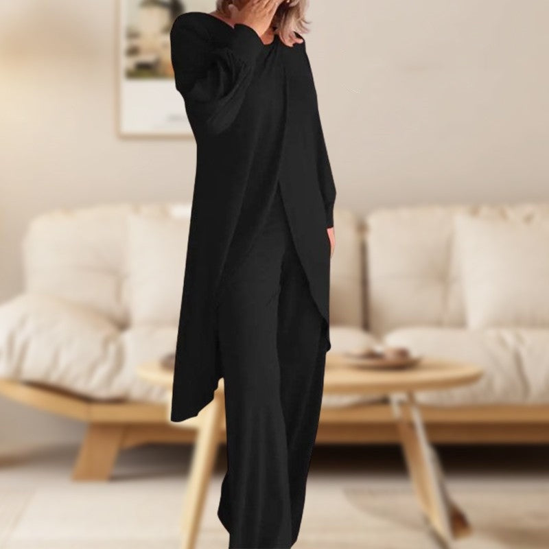 Women's two-piece lounge set with long-sleeve layered top and wide-leg trousers