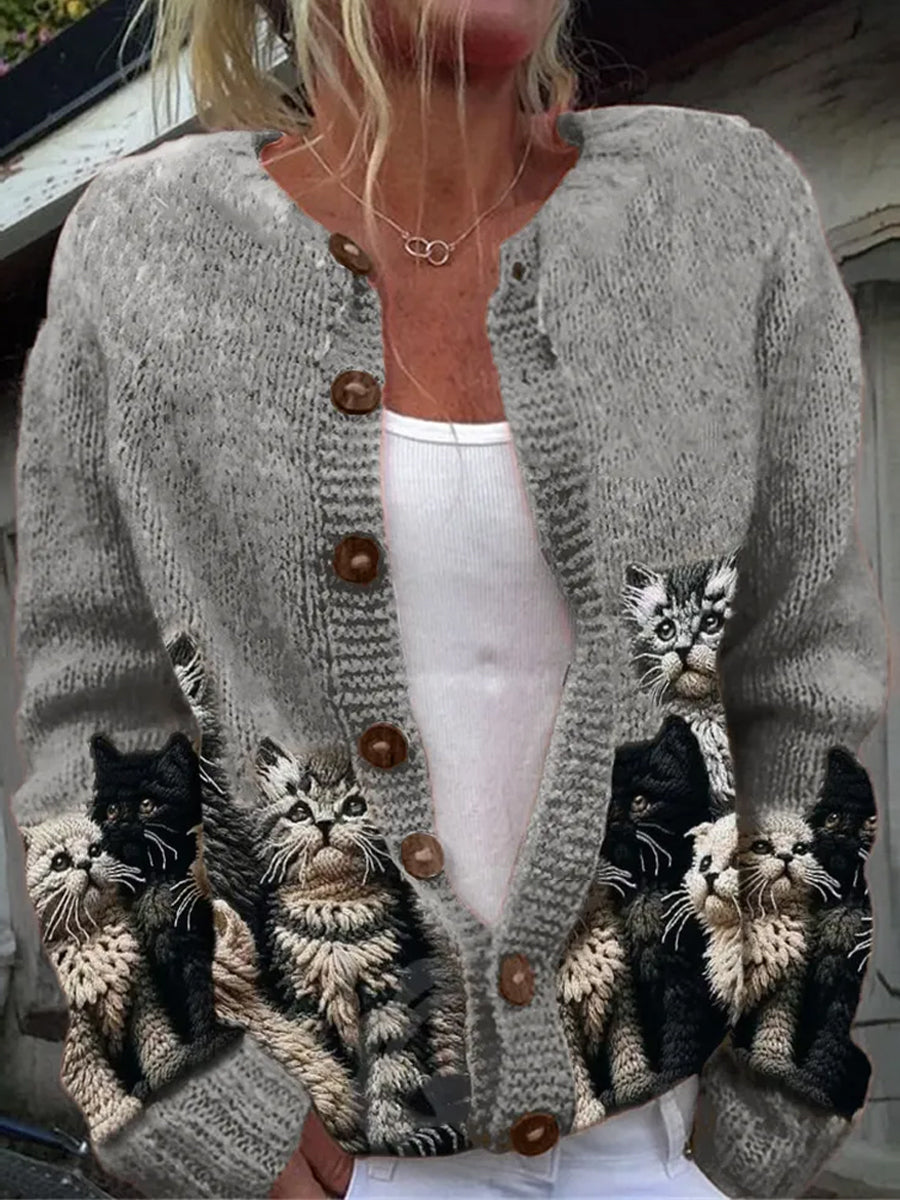 Women's button cardigan with illustrated cat print panels and long sleeves