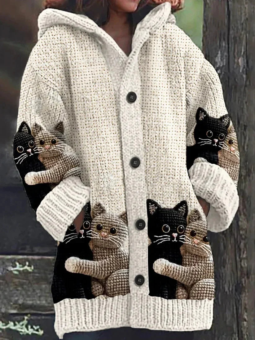 Women's hooded cardigan with cat print, buttons and long sleeves