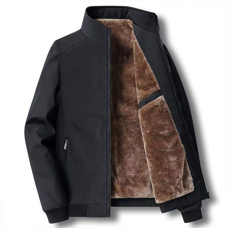 Men's plain stand collar jacket with fleece-style lining and zipped pockets