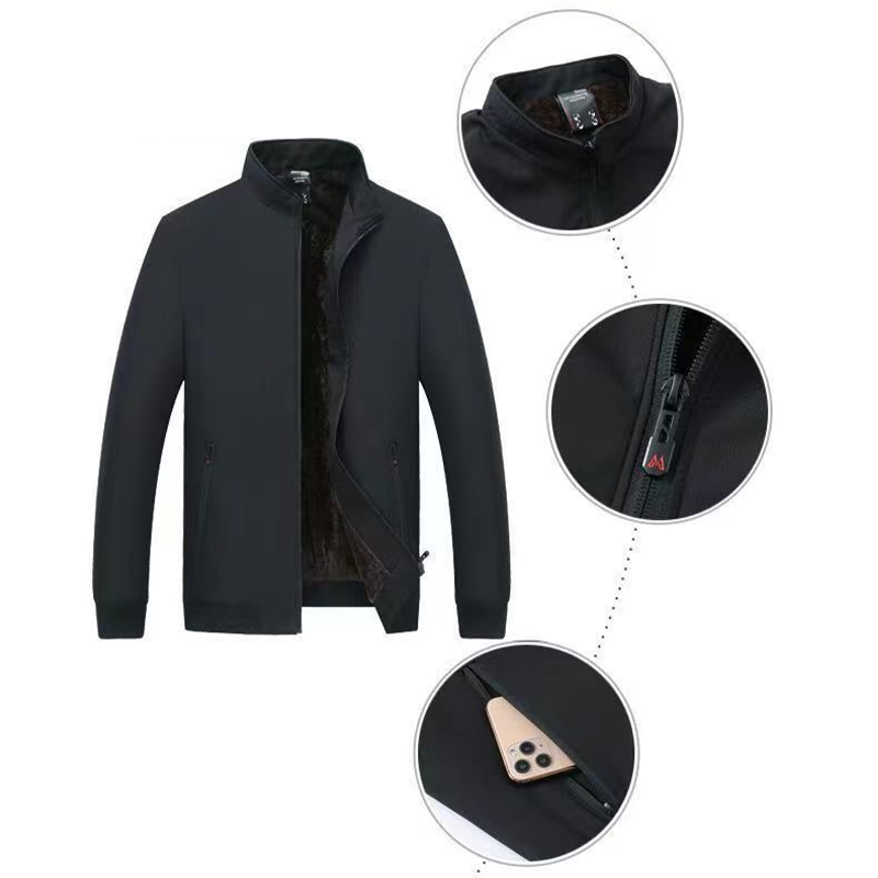 Men's plain stand collar jacket with fleece-style lining and zipped pockets