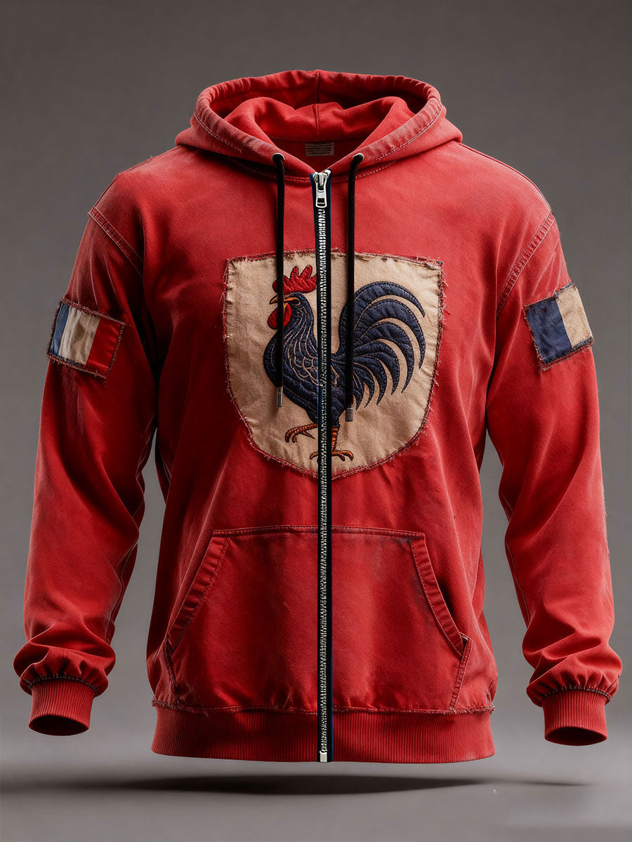 Men's hooded zip sweatshirt with rooster and French flag patches
