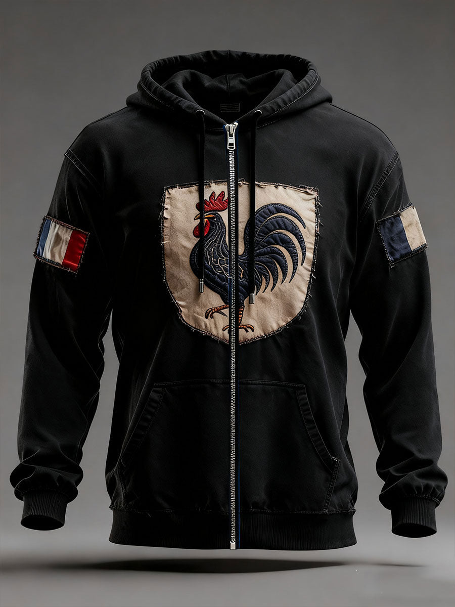 Men's hooded zip sweatshirt with rooster and French flag patches