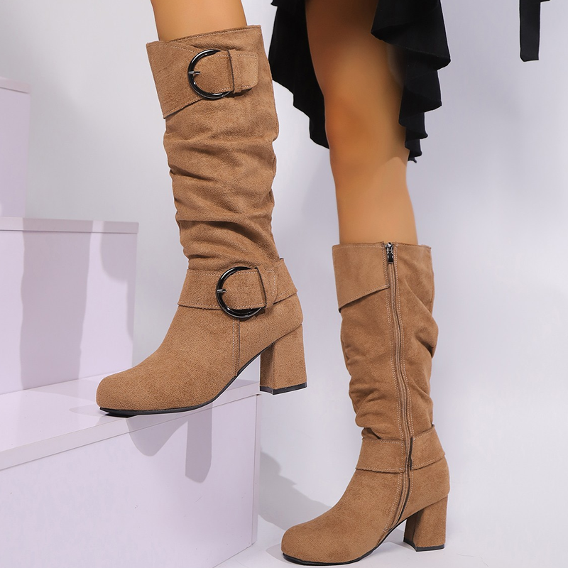 Women's slouch knee-high boots with buckle straps and block heels