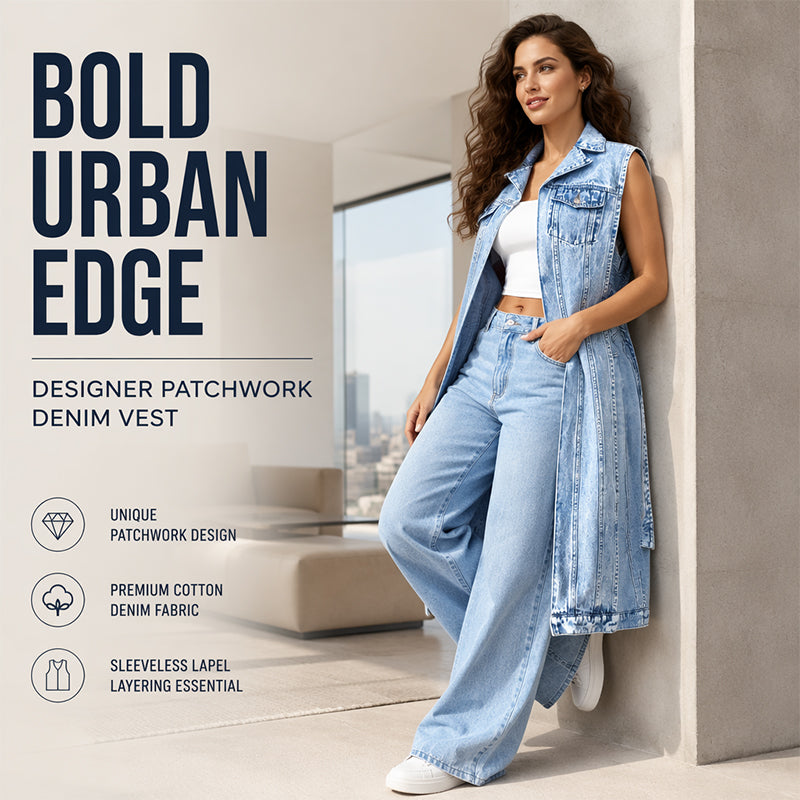 Women's sleeveless longline denim vest jacket with collar, chest pockets and split hem